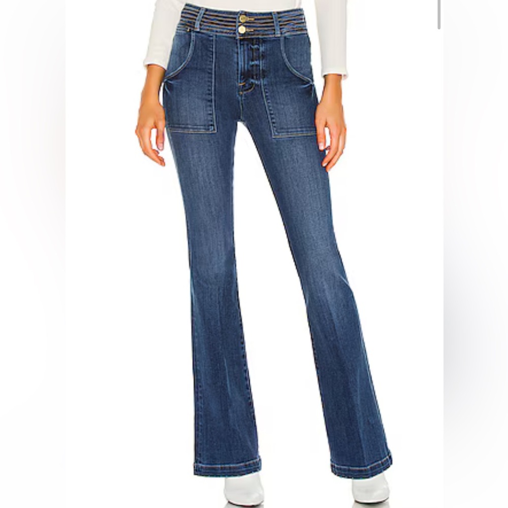 Frame Denim Le High Flare Patch Pocket Trapunto Stitch Stallion